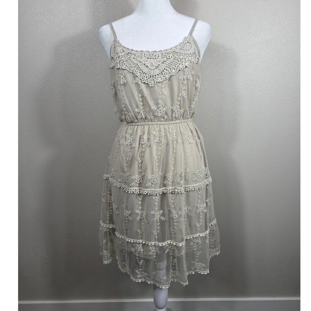 It's Pink Tan Coquette Fairy Lace Sheer Mini Dress Size Medium
